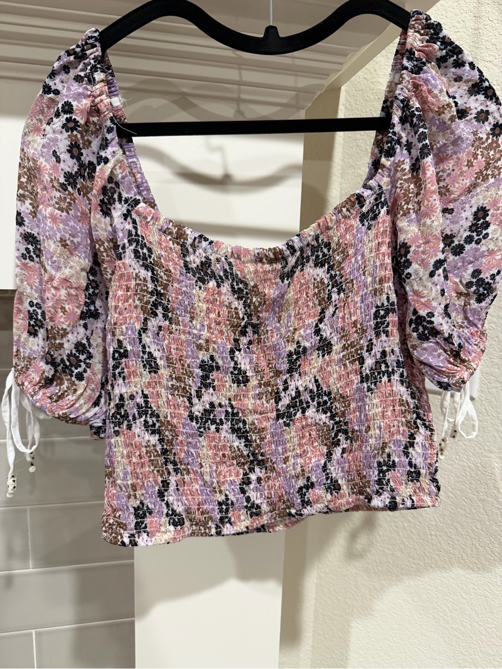 Free People Lavender Pink Floral Smocked Puff Sleeve Crop Top